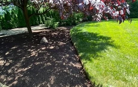 Shaded garden path beside a bright green lawn under red-leafed trees