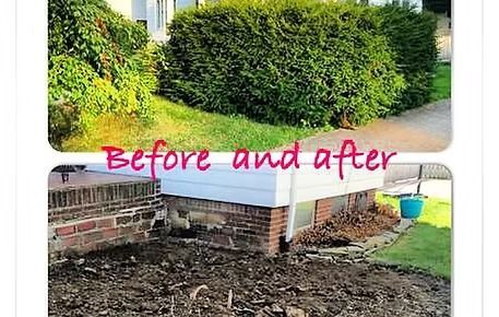 Before and after of a yard: trimmed hedges and clean landscaping with exposed soil under a deck.