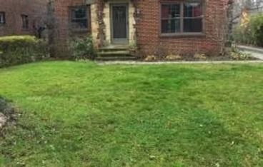 Front yard with green lawn in front of a brick house and front door