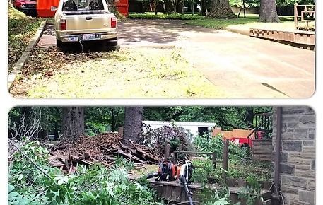 Before-and-after yard cleanup near a driveway and stone wall; parked car, branches and debris cleared.