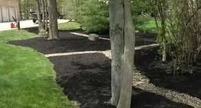 Landscaped garden path with mulch beds, trees, and green grass beside a walkway