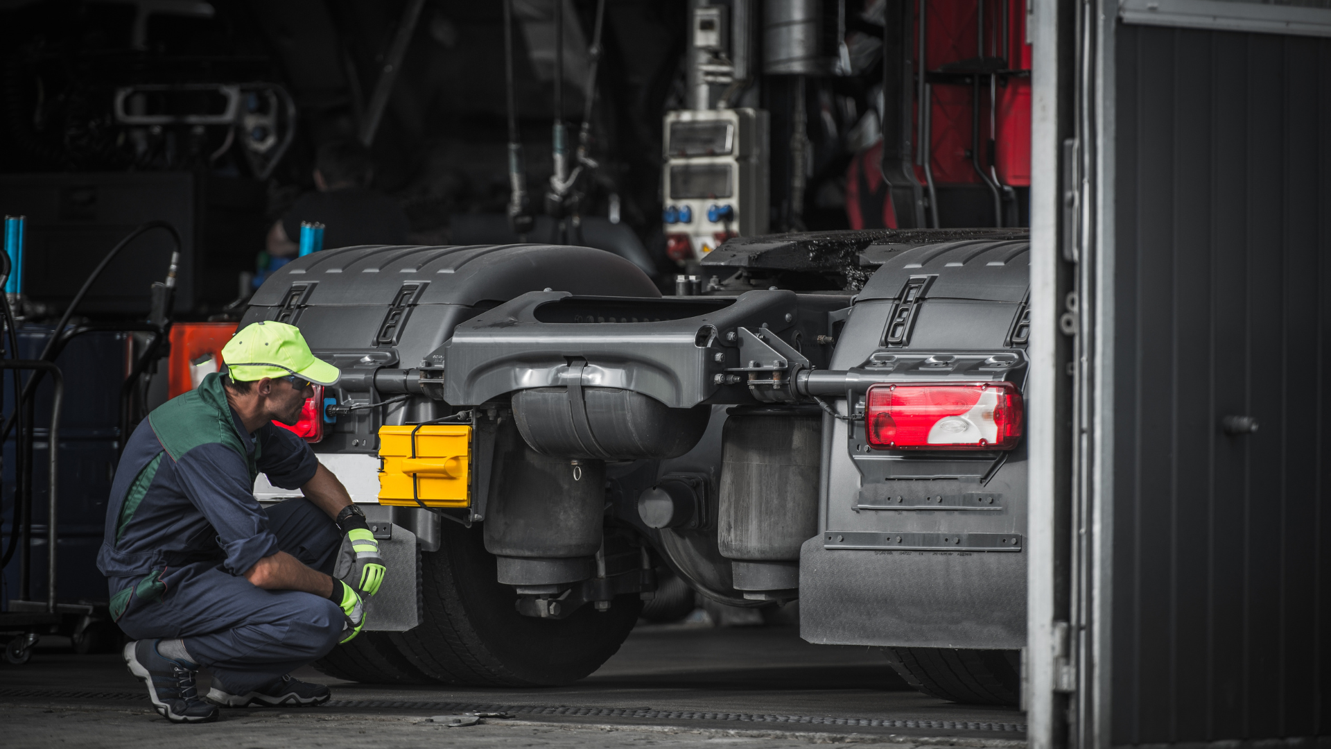 A man is working on a semi truck in a garage.