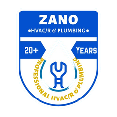 A blue and white logo for zano hvac / r & plumbing