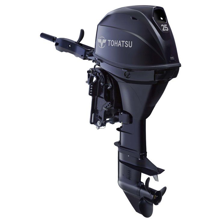 a black tohatsu outboard motor on a white background