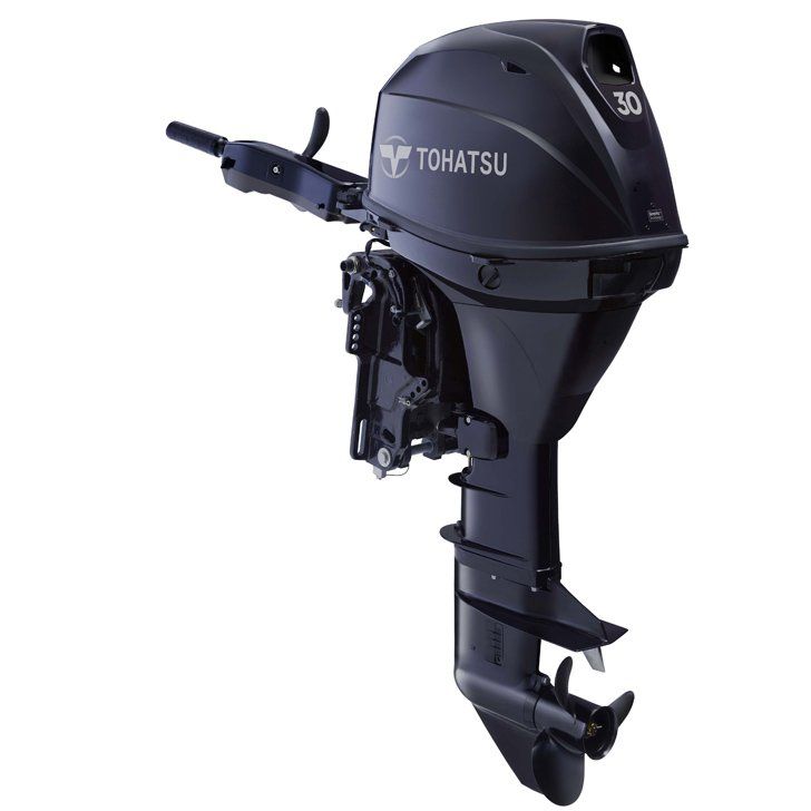 a black tohatsu outboard motor on a white background