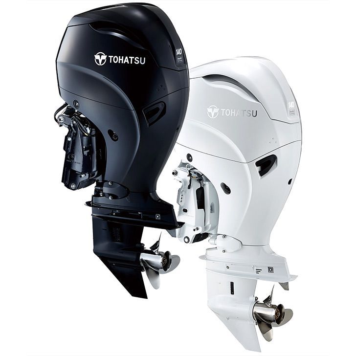 two outboard motors , one black and one white , are sitting next to each other on a white background .