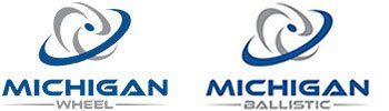 two logos for michigan wheel and michigan ballistic on a white background .