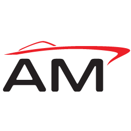 a logo for a company called am with a red arrow