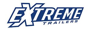 the logo for extreme trailers is blue and white .