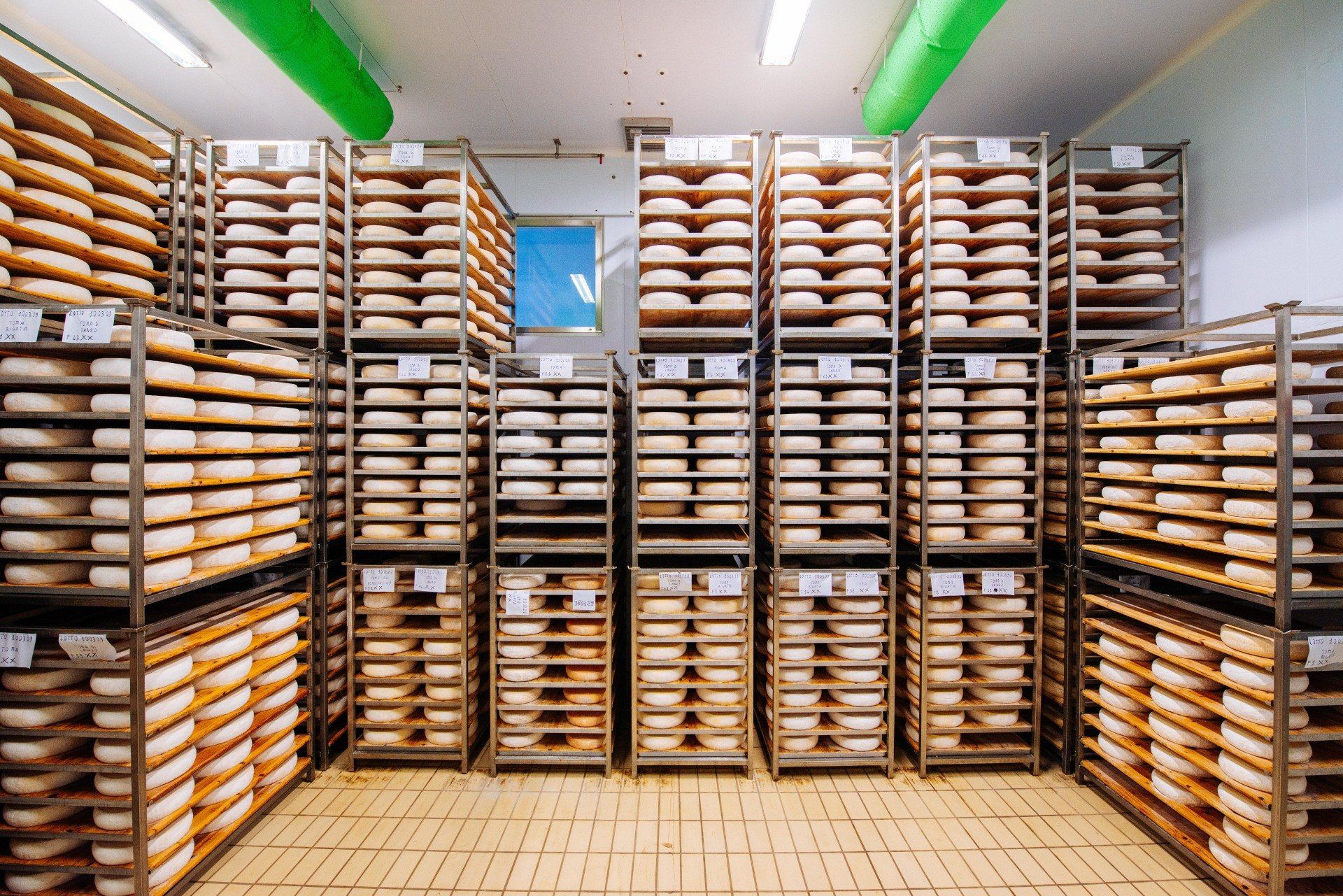 scaffali con forme di formaggio