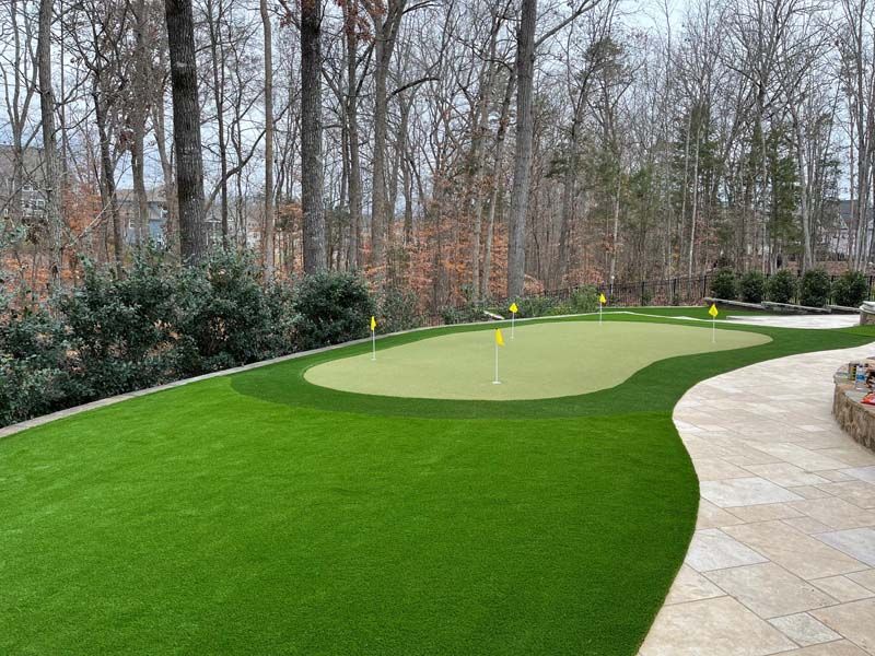 A green putting green in a backyard with trees in the background.