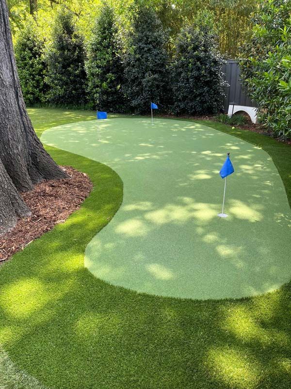 There is a putting green in the backyard with a tree in the background.