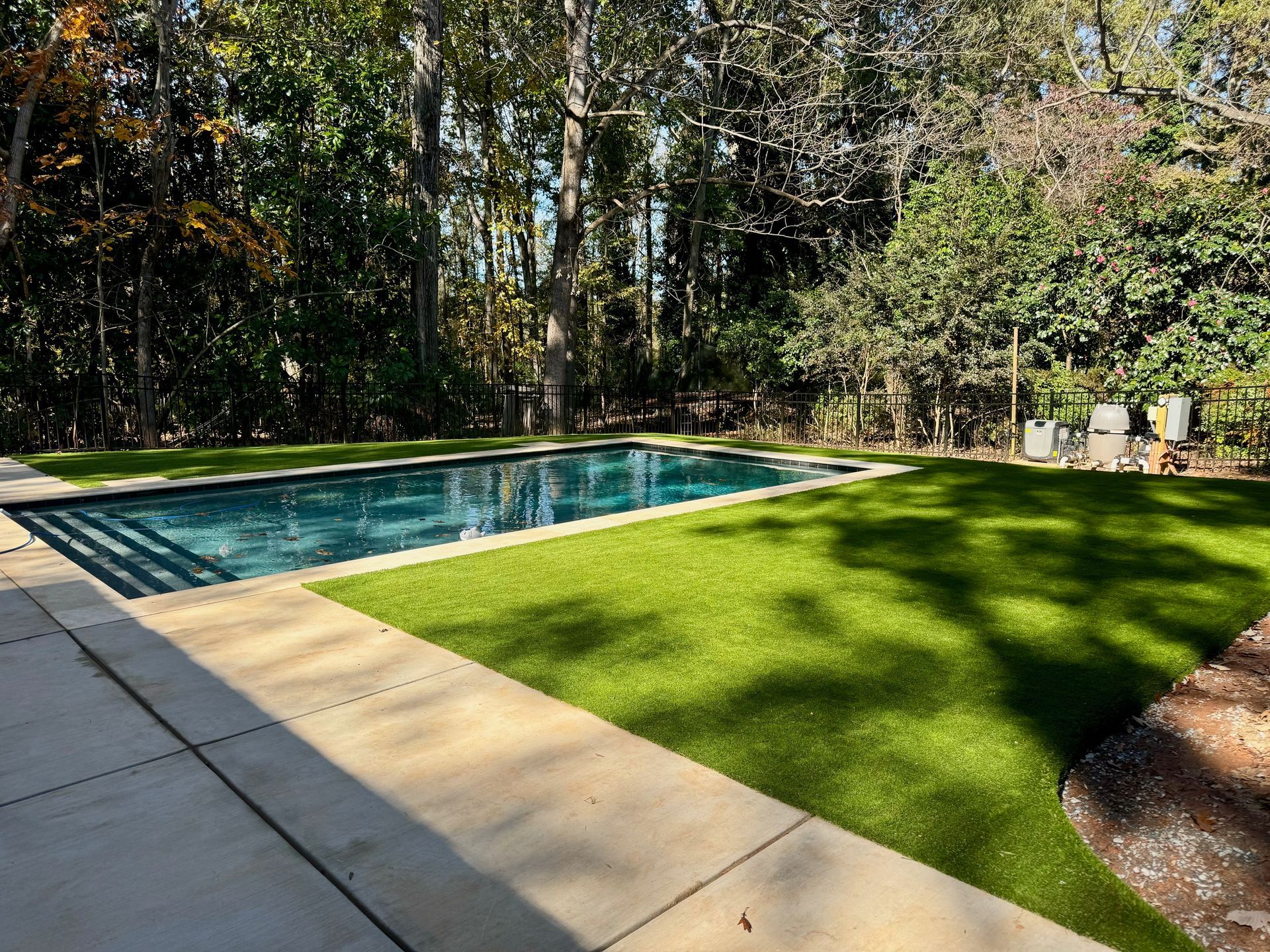 A large swimming pool in the middle of a lush green backyard surrounded by trees.
