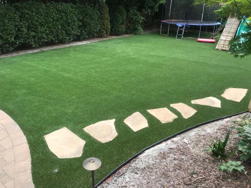 A trampoline is sitting on top of a lush green lawn in a backyard.