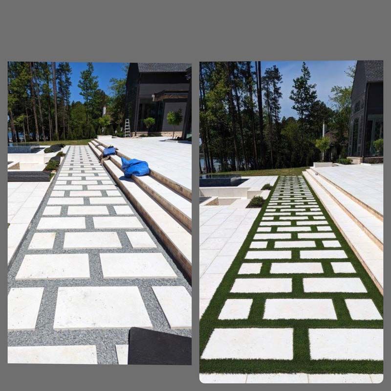A picture of a brick walkway and a picture of a grassy walkway