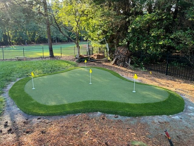A putting green in a backyard with a fence and trees in the background.