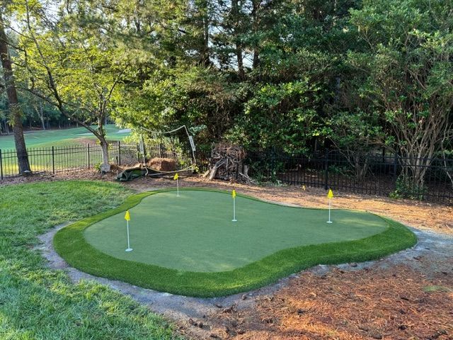 A green putting green in a backyard with trees in the background.