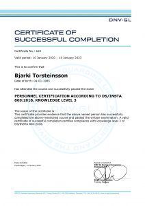 Bjarki Torsteinsson, issued by DNV-GL. Certifies personnel certification according to DB/INSTA 803:2018, Knowledge Level 3.