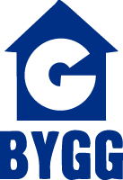 Blátt húslaga merki með hvítu „G“ fyrir ofan textann „BYGG“