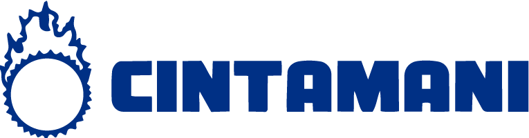 Blátt Cintamani merki með stílfærðu gír-/logatákni vinstra megin