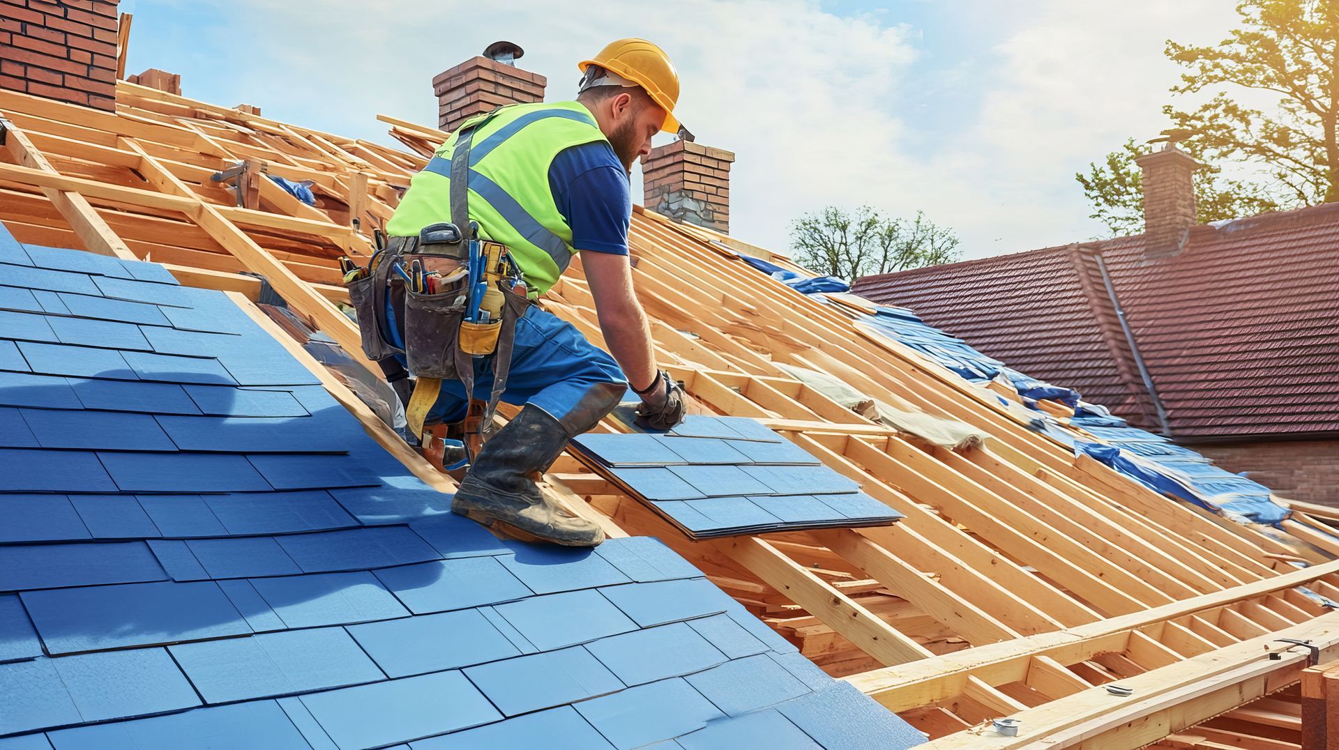 A man is working on the roof of a house.