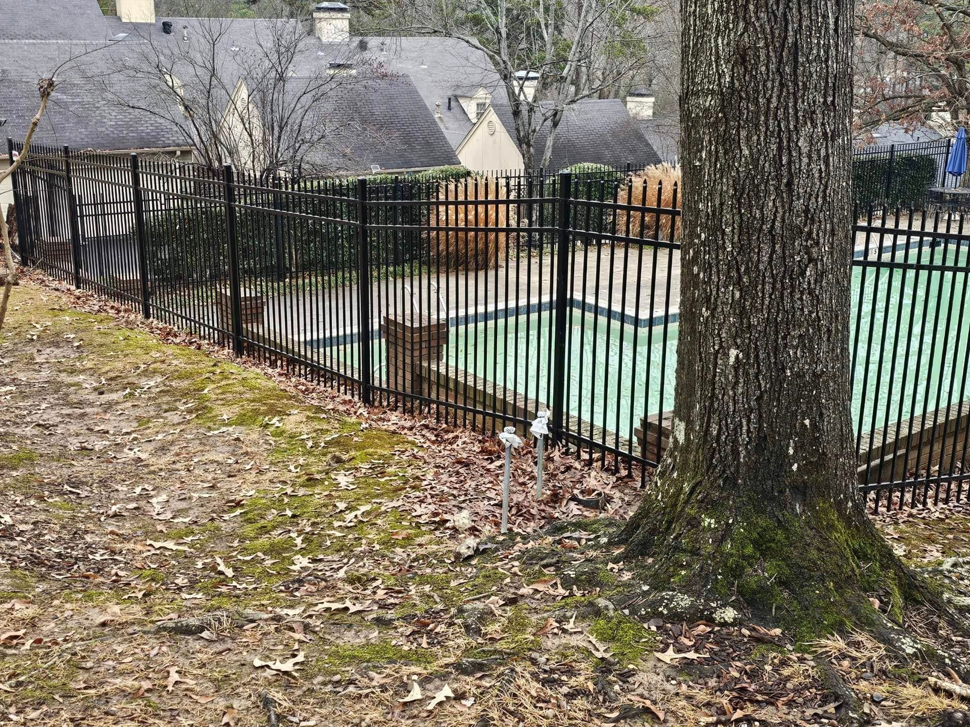 A metal fence surrounds a swimming pool in a backyard.