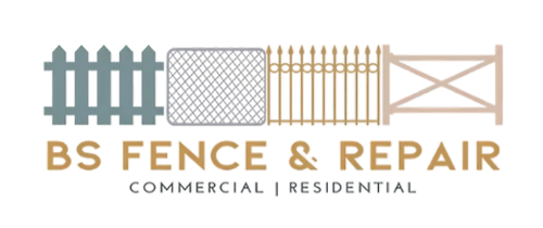 The logo for bs fence and repair shows a fence and a gate.