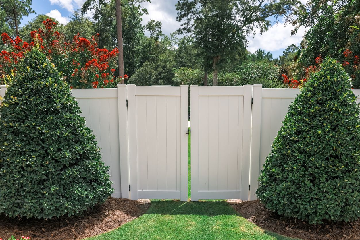 A white fence with two bushes in front of it.