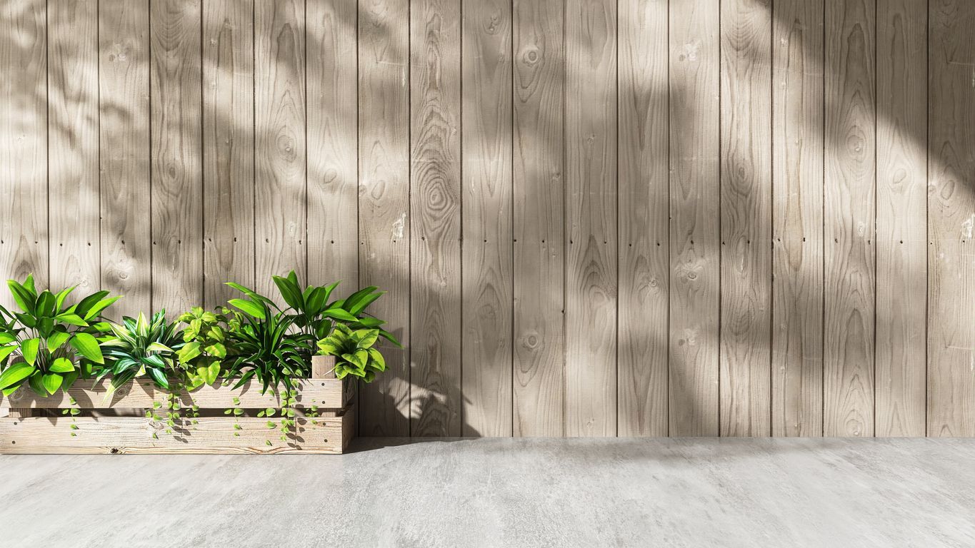 A wooden wall with a potted plant in front of it.