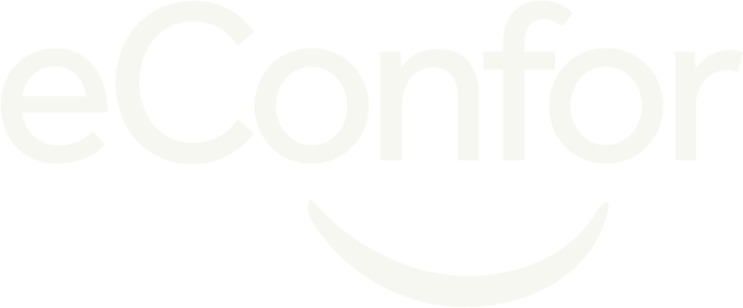 Logotipo da eConfor em tom discreto de cinza claro sobre fundo branco, com um leve arco em forma de sorriso.