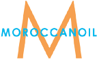 The logo for moroccanoil is orange and blue with a m in the middle.