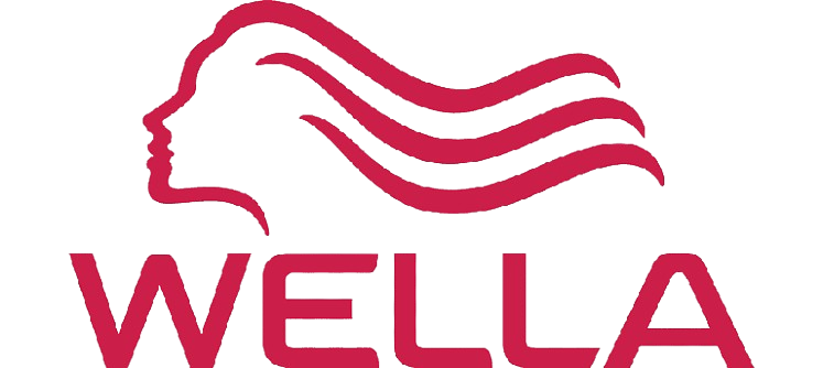 A wella logo with a woman 's head and hair waves