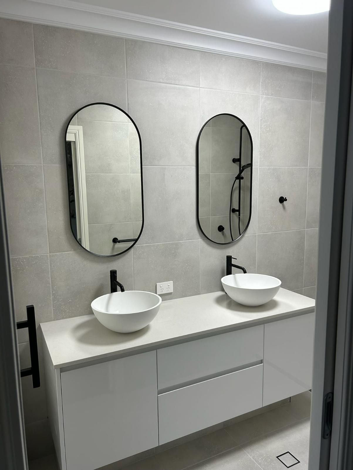 A Bathroom with Two Sinks and Two Mirrors — Formosa Building And Renovations in Gin Gin, QLD