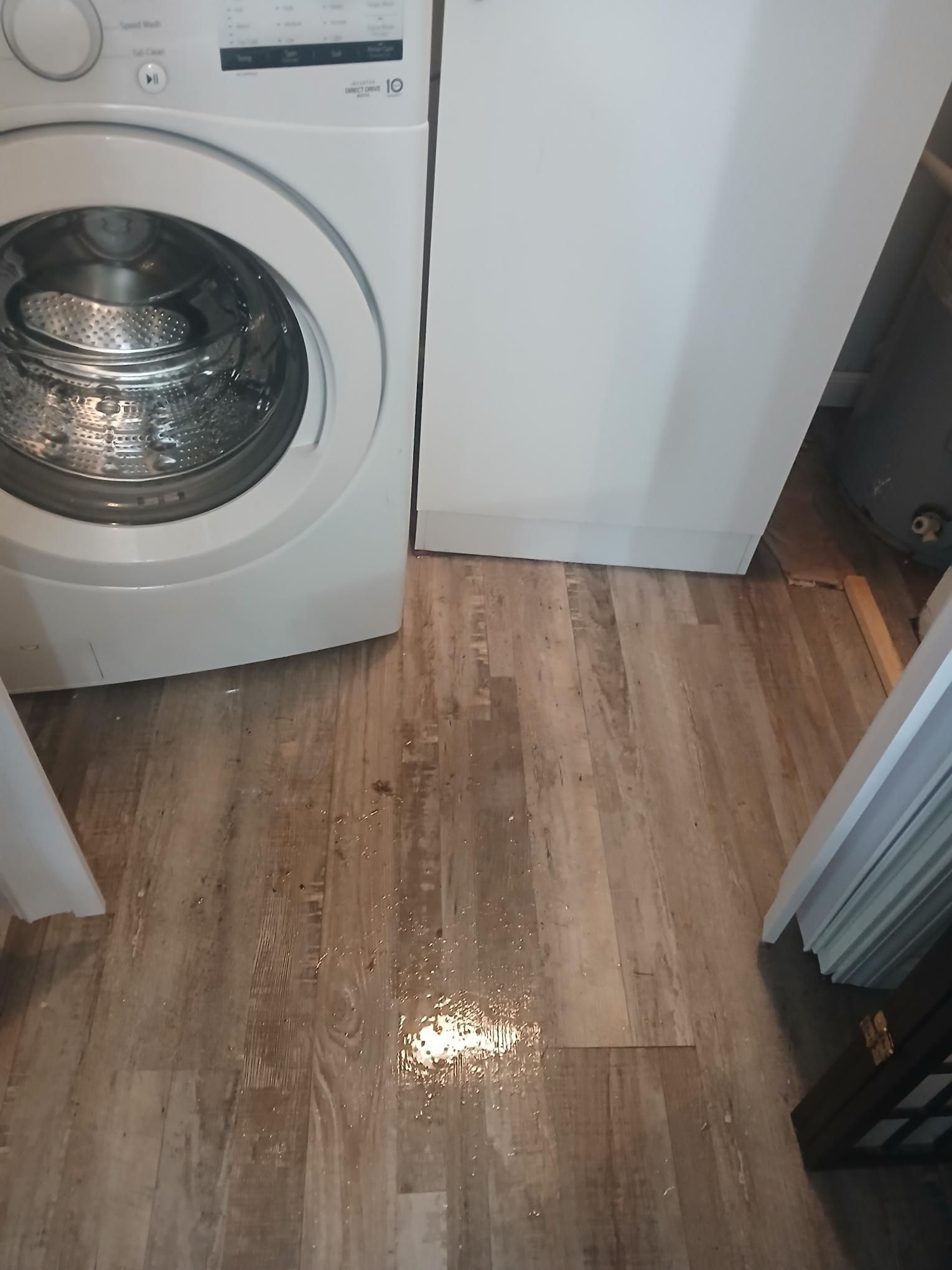 Washing machine on wooden floor with water on the ground. A white door is on the right.