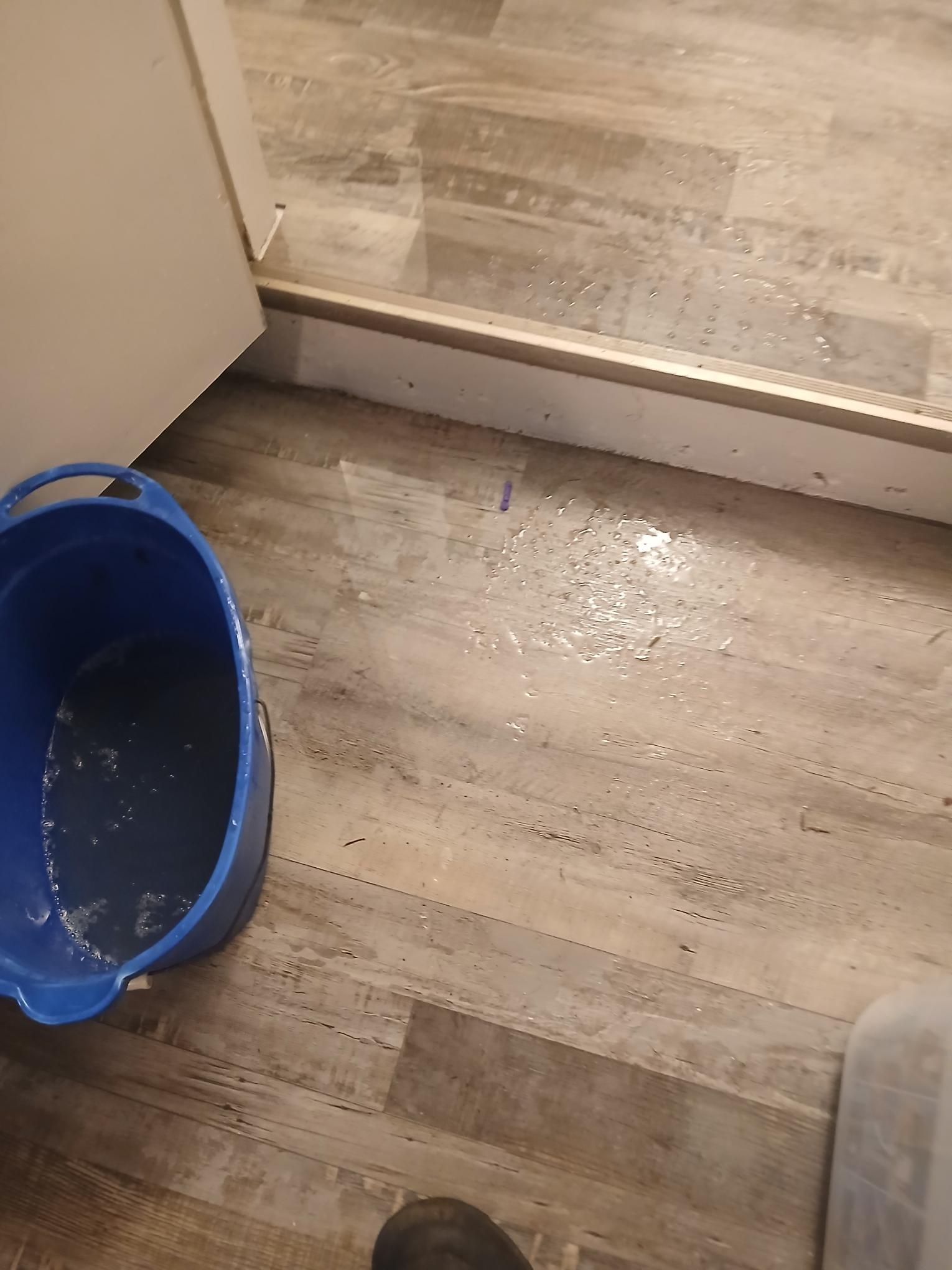 Blue bucket on wet, light-brown, wooden-look floor next to a white door.