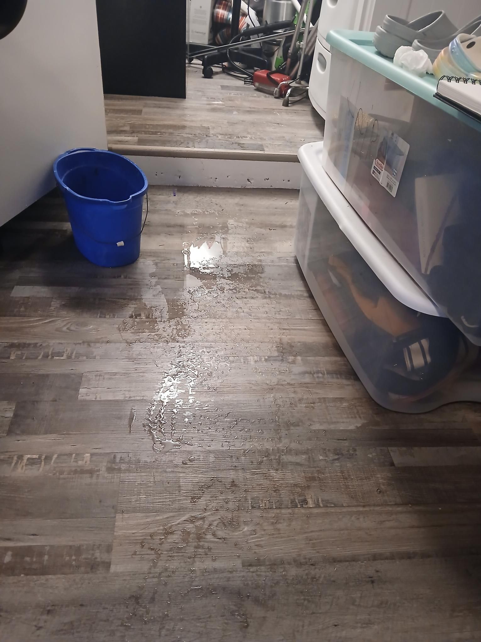 Flooded basement floor with water. Blue bucket, plastic bins, and debris visible.