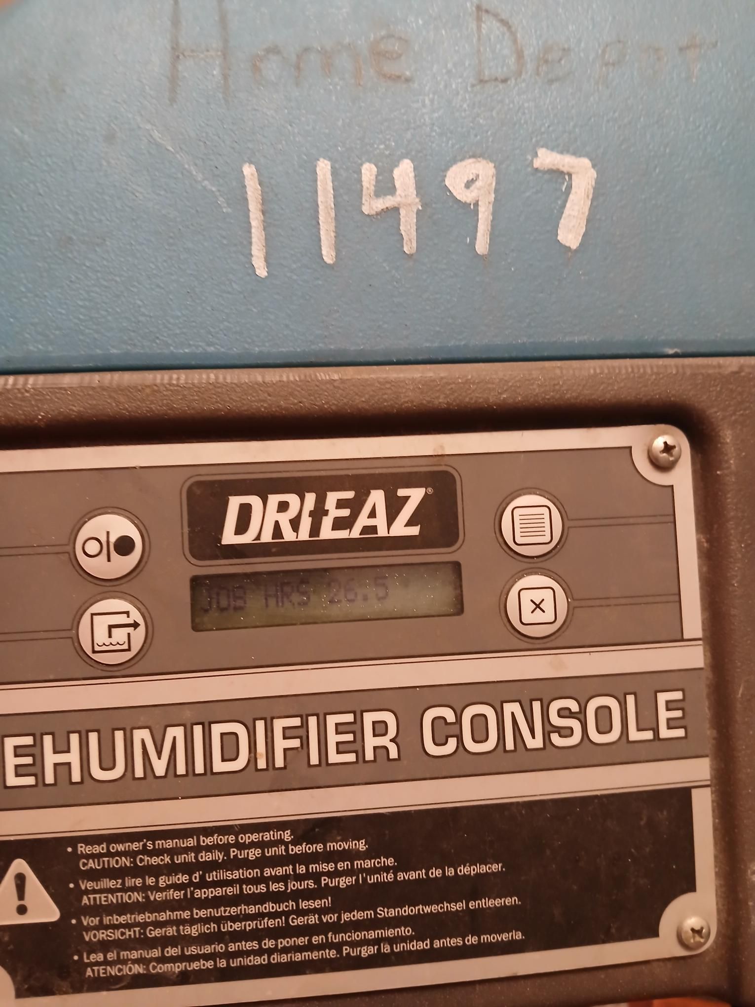Close-up of a Drieaz dehumidifier console with the words 