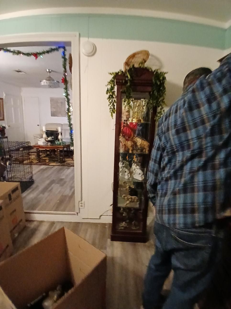 Person in plaid shirt near display cabinet, doorway to a decorated room with boxes in the foreground.