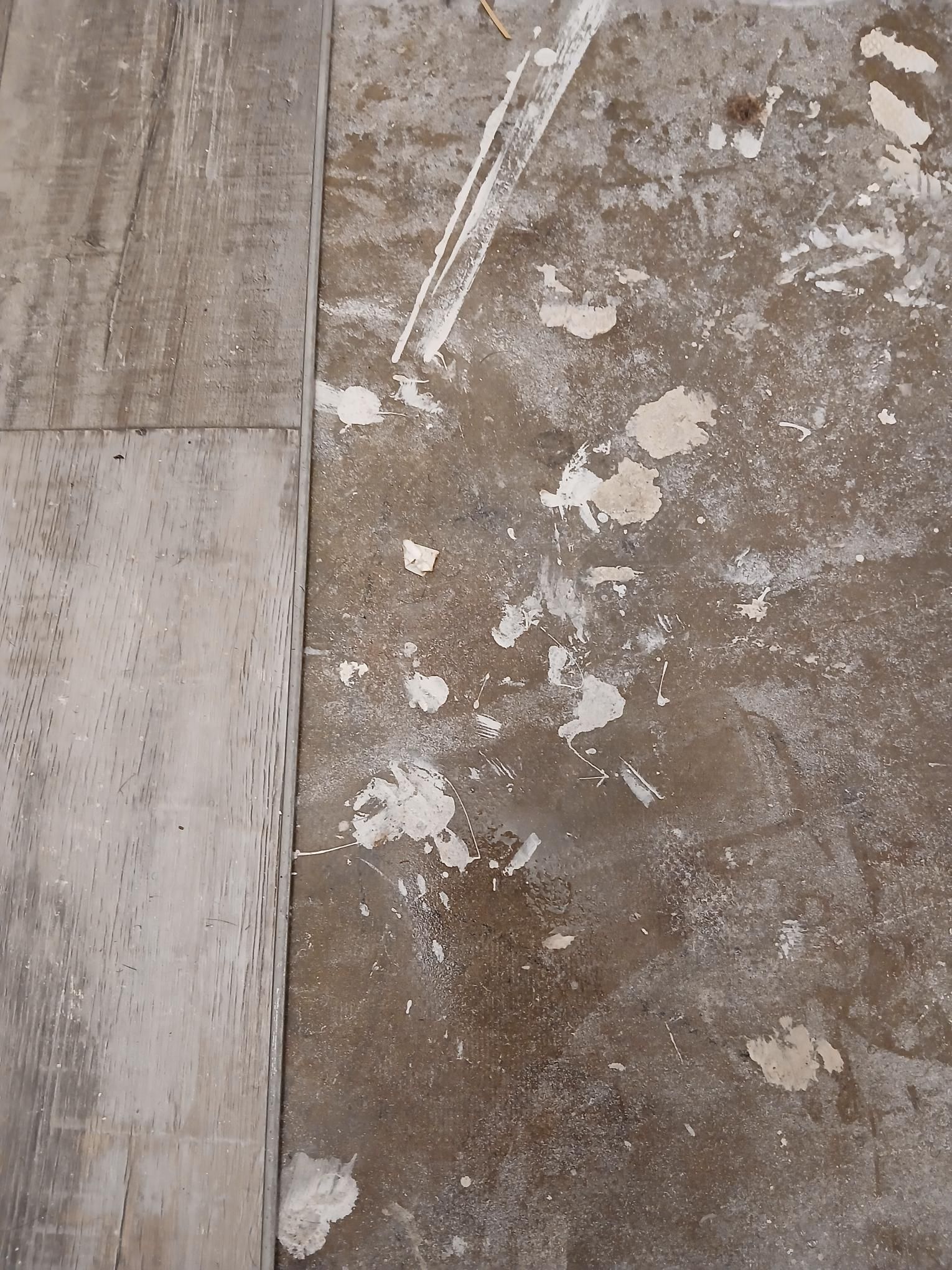 Close-up of flooring with wood-look plank on left; the floor on right has scattered white spots.