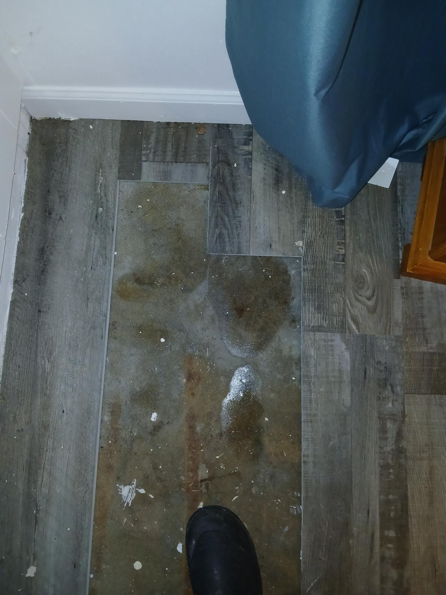 Water-damaged floor with puddles and white residue near a blue bed and wood furniture. Black boot visible.