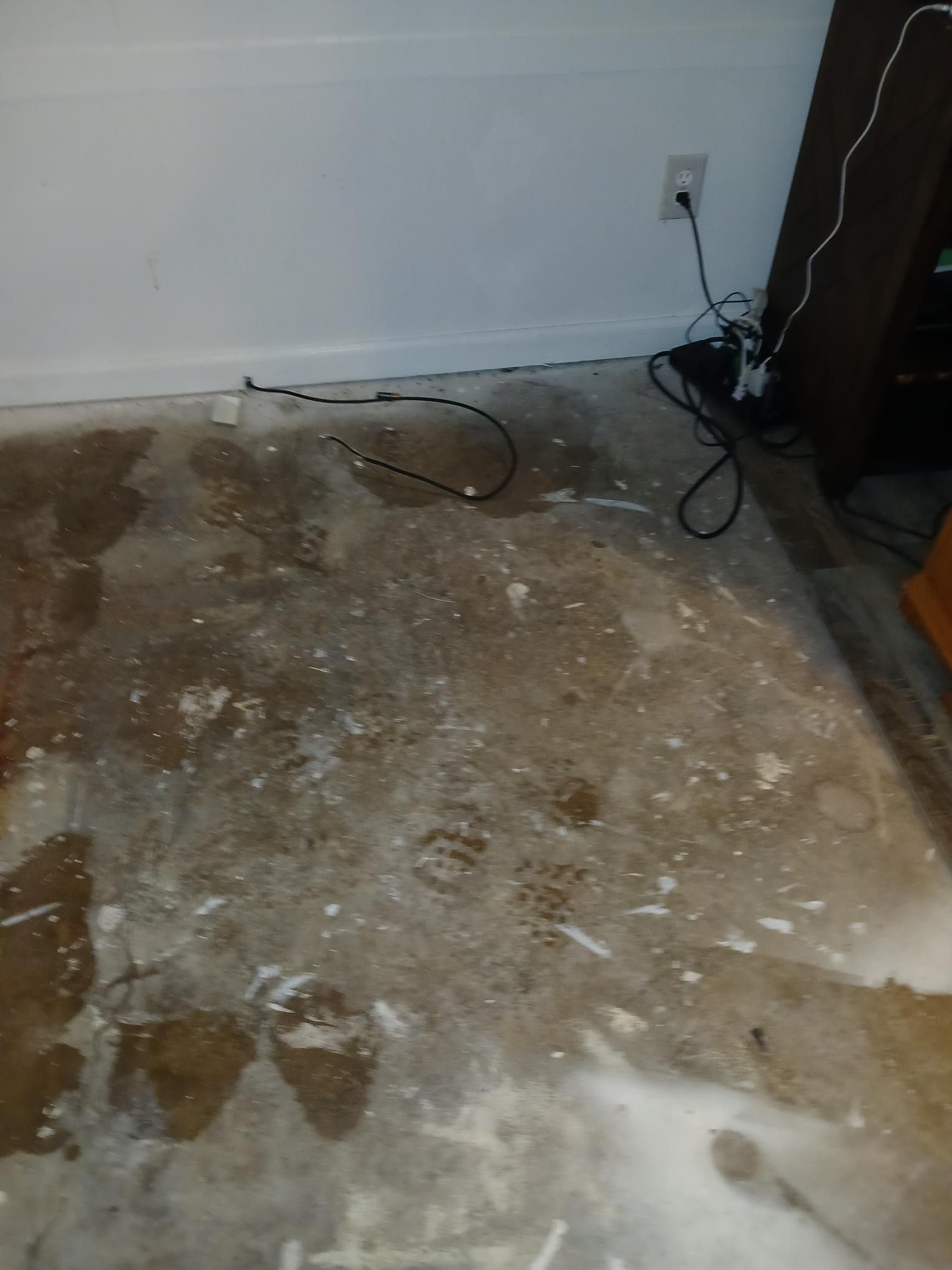 Bare concrete floor with paint splatters, near a white wall and electrical outlet.
