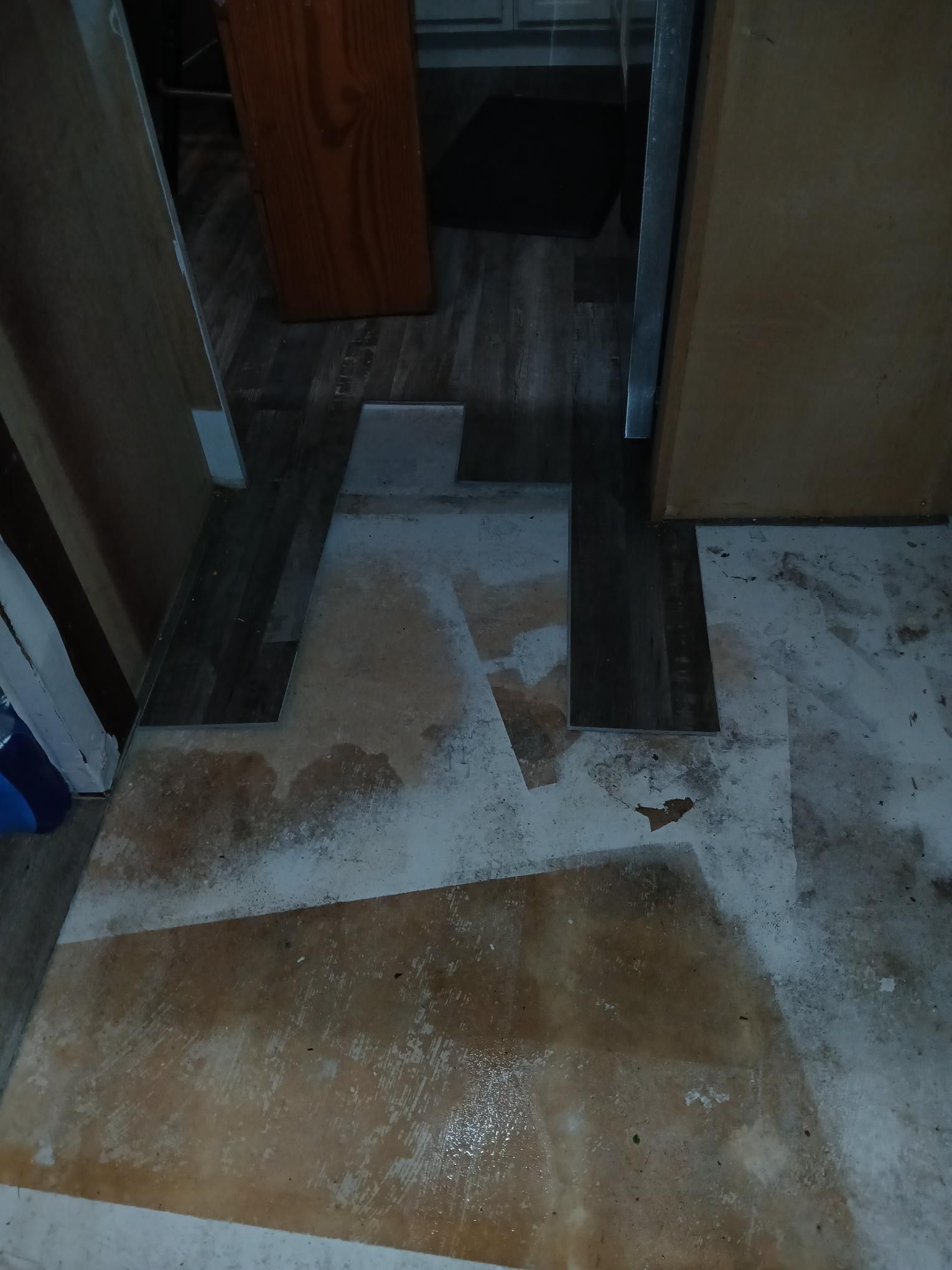 Damaged flooring with exposed subfloor, doorway visible in background.