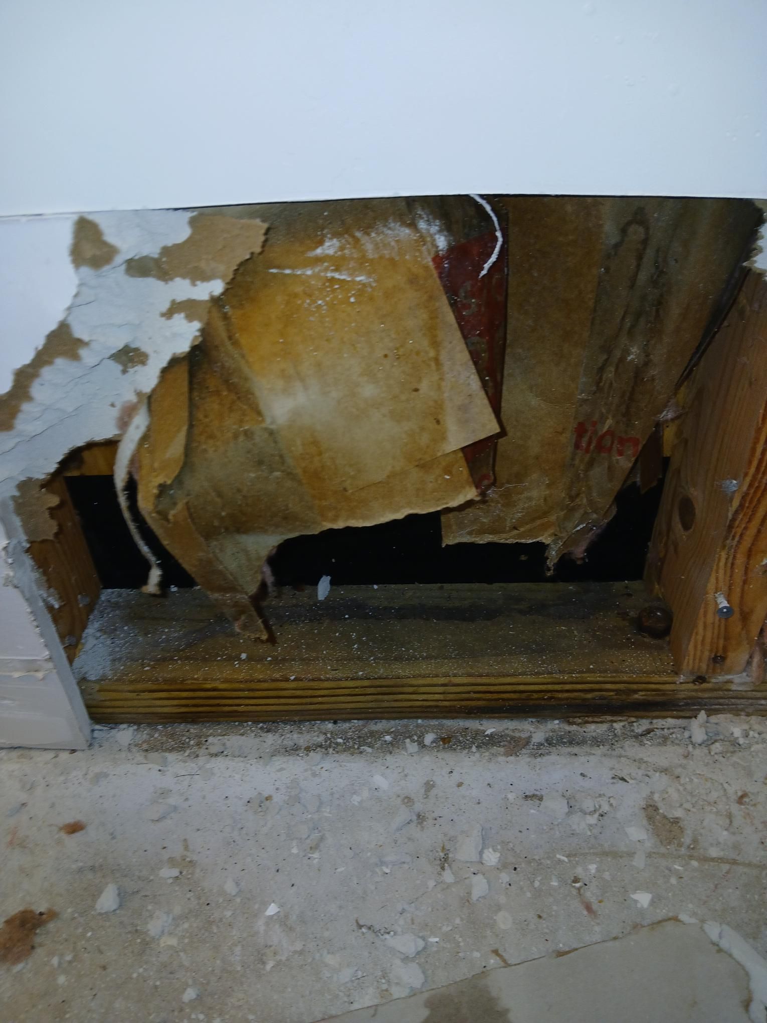 Hole in wall reveals rotting wood and wallpaper, dark interior, light debris on the floor.