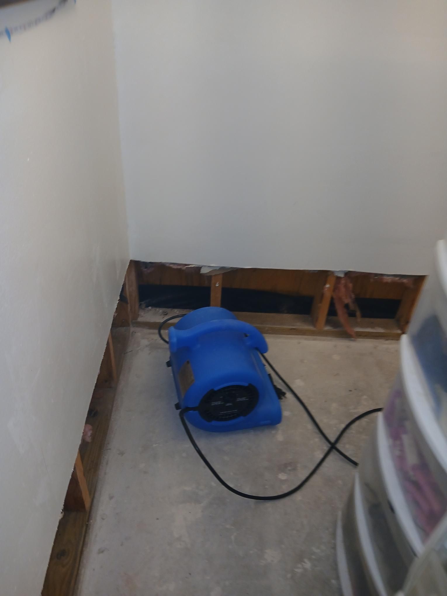 Blue air mover drying a room with exposed wall studs.