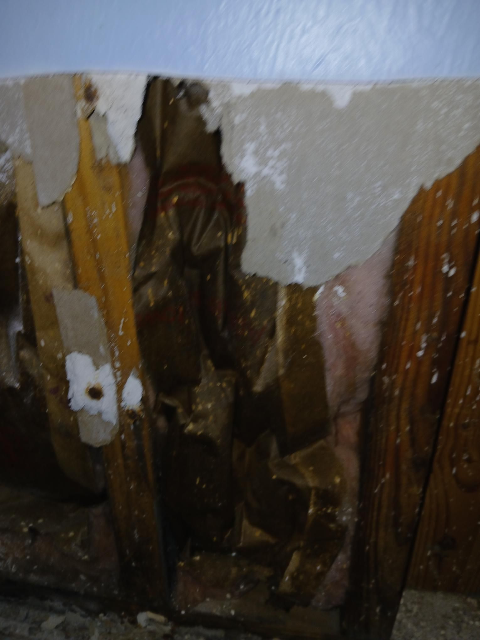 Damaged ceiling revealing wood and insulation. Water stains and peeling materials present.