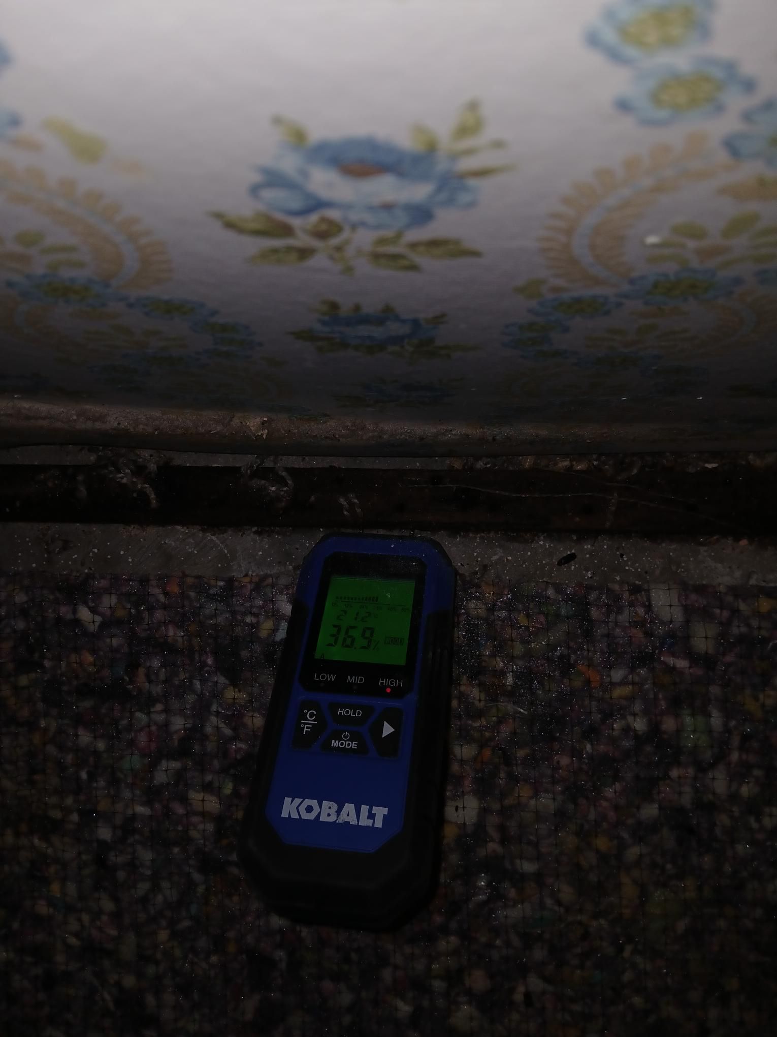 A Kobalt moisture meter is on a dark surface, pointed towards floral patterned wallpaper.