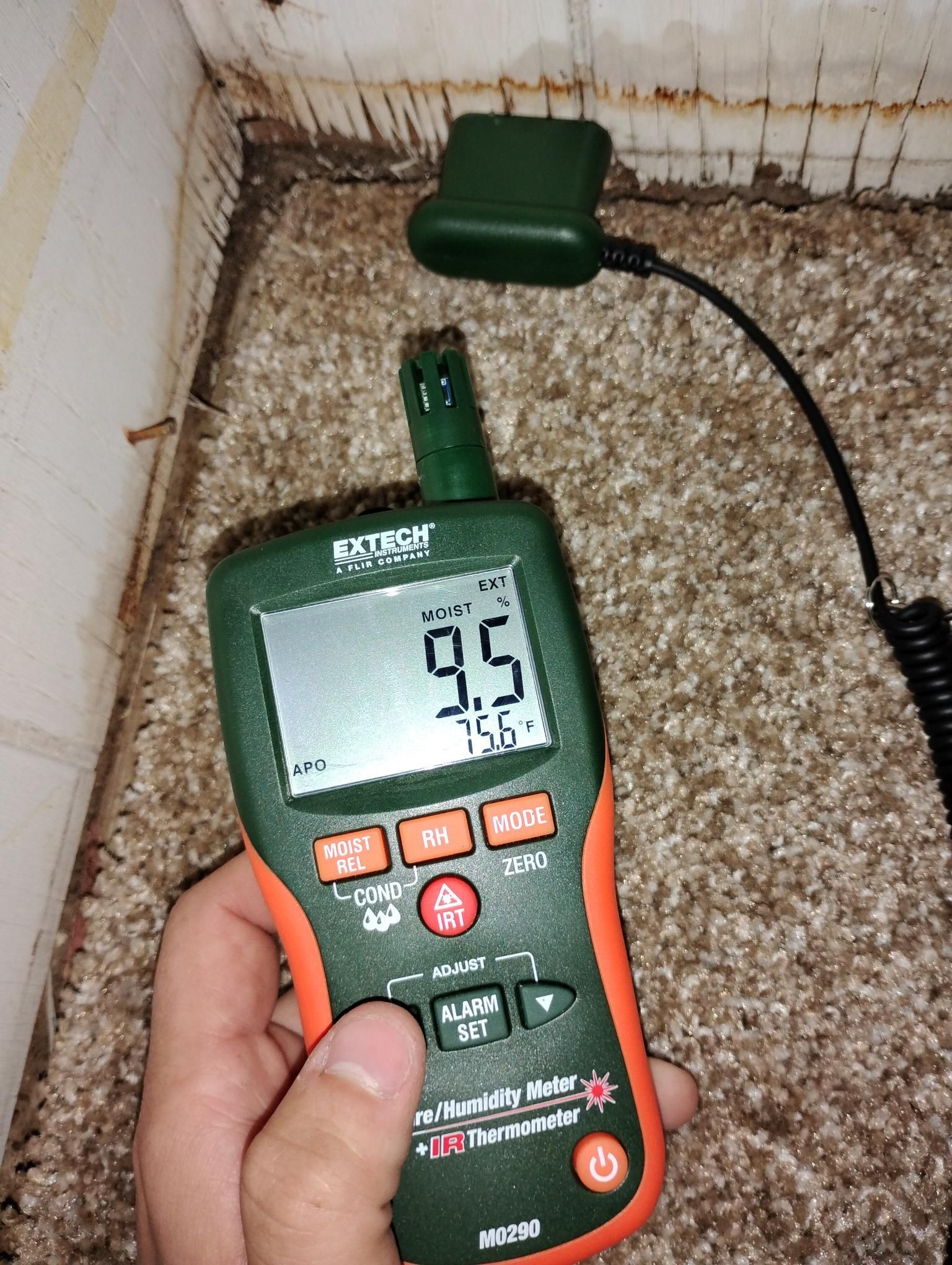 A hand holds a moisture meter displaying 9.5% with a probe in carpet next to a wall.