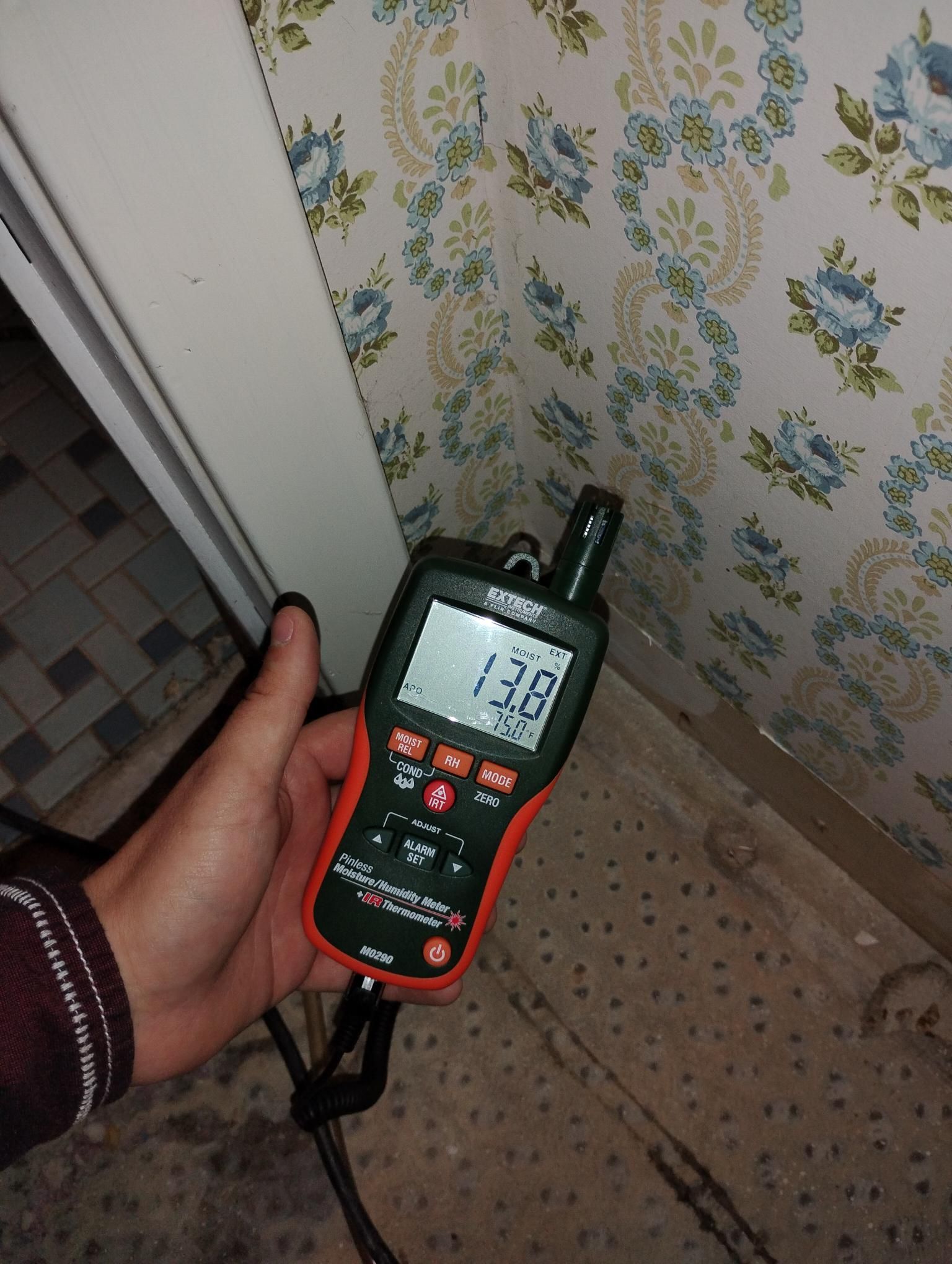 Hand holding moisture meter near wall, reading 13.8. Orange and black device, floral wallpaper visible.