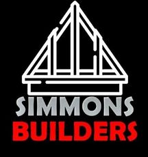 Logo for Simmons Builders featuring a white outline of a roof structure over the words "Simmons" in gray and "BUILDERS" 