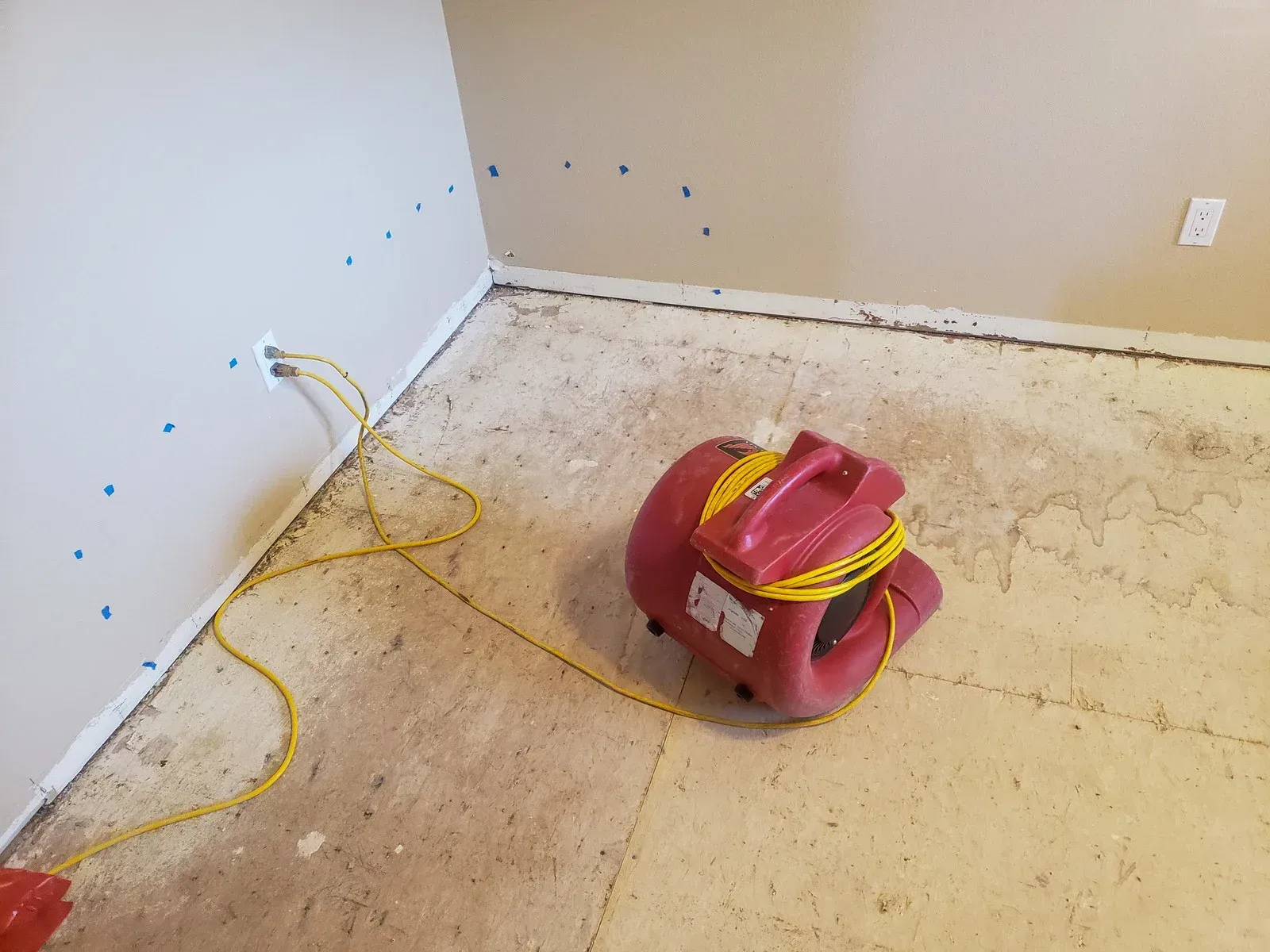 A red air mover in a room with exposed concrete flooring, near a wall with visible water damage, and electrical cords.